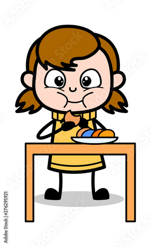 Eating Breakfast - Retro Cartoon Girl Teen Vector Illustration
