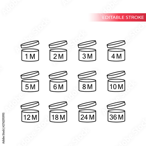 Pao, period after opening vector icon set for cosmetics packaging. Best before or expiration date label set. Editable line.