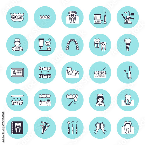 Dentist, orthodontics vector flat line icons. Dental care equipment, braces, tooth prosthesis, veneers, floss, caries treatment. Healthcare thin linear signs for dentistry clinic