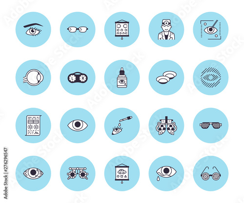 Ophthalmology, eyes health care vector line icons. Optometrist equipment, contact lenses, glasses, blindness, laser surgery. Vision correction thin linear signs for oculist clinic