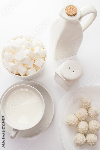 coconut milk candy sugar pieces, white food on white, top view still life. white dishes and food on a white background, high key