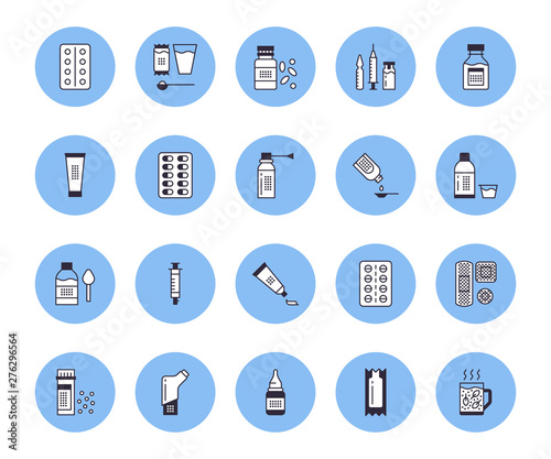 Medicines, dosage forms vector line icons. Pharmacy medicaments, tablet, capsule, pill, antibiotics, vitamins, painkillers, aerosol spray, gel Medical treatment health care thin signs for drug store