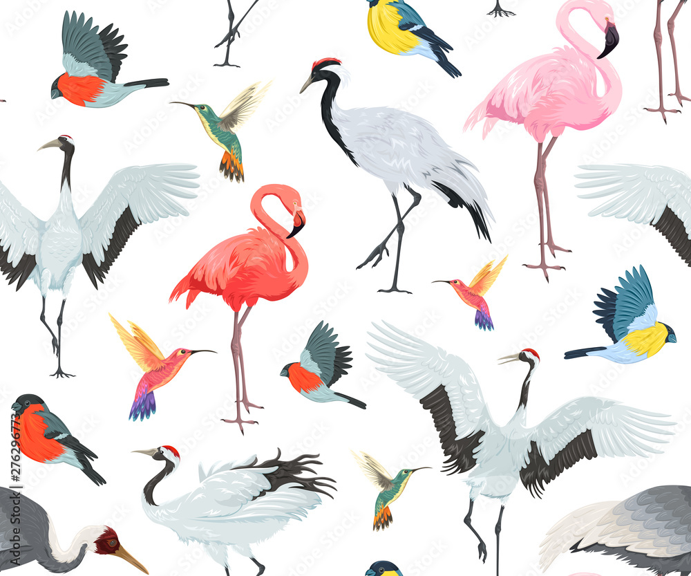 Fototapeta premium Seamless pattern with birds. Flamingos, cranes, hummingbirds, chickadees and bullfinches