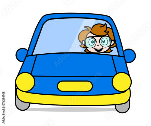 Sitting in a Car - Teenager Cartoon Intelligent Girl Vector Illustration