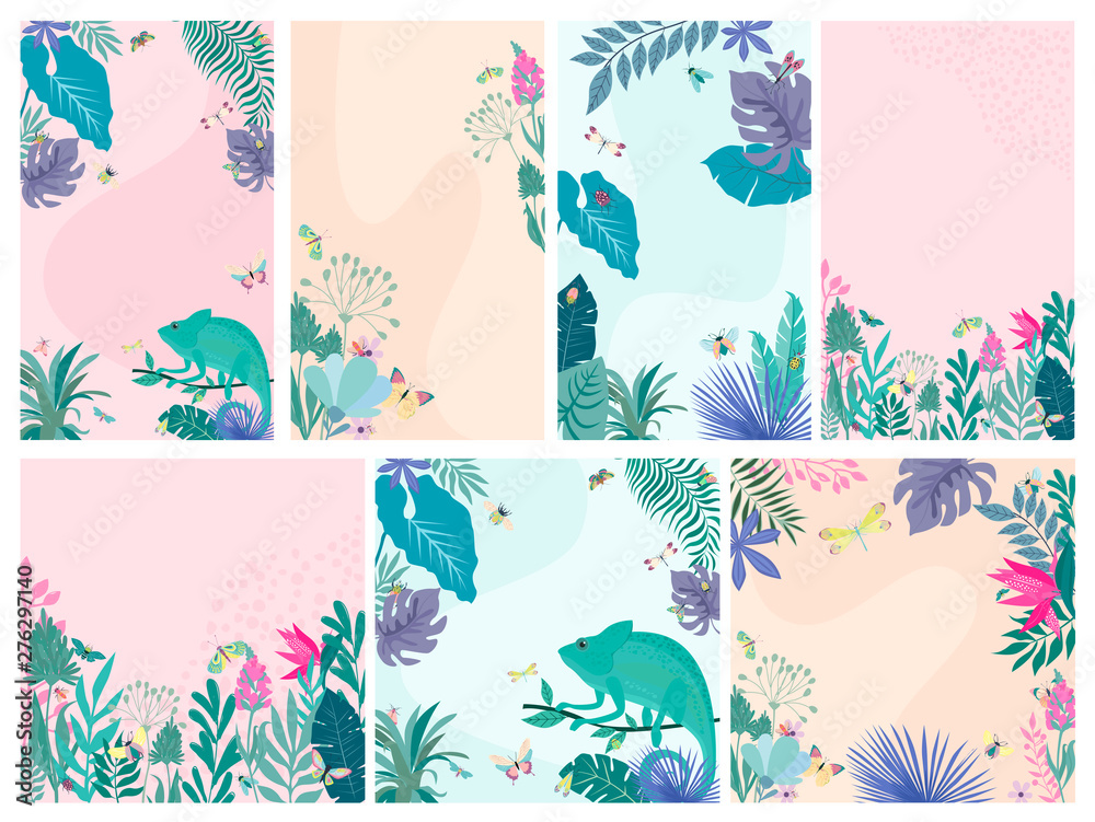 Abstract background with insects and plants. Background for mobile app minimalistic style. Editable Vector illustration