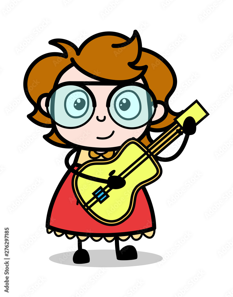 Playing Guitar - Teenager Cartoon Intelligent Girl Vector Illustration