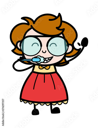 Cleaning Teeth - Teenager Cartoon Intelligent Girl Vector Illustration © TheToonCompany