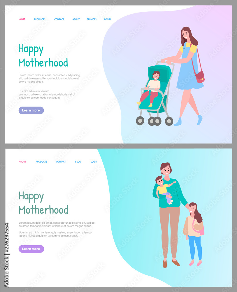 Smiling parent going with baby in carriage. Mother standing with son and daughter, portrait and full length view of family, motherhood web vector. Website or webpage template, landing page flat style Smiling parent going with baby in carriage. Mother standing with son and daughter, portrait and full length view of family, motherhood web vector. Website or webpage template, landing page flat style
