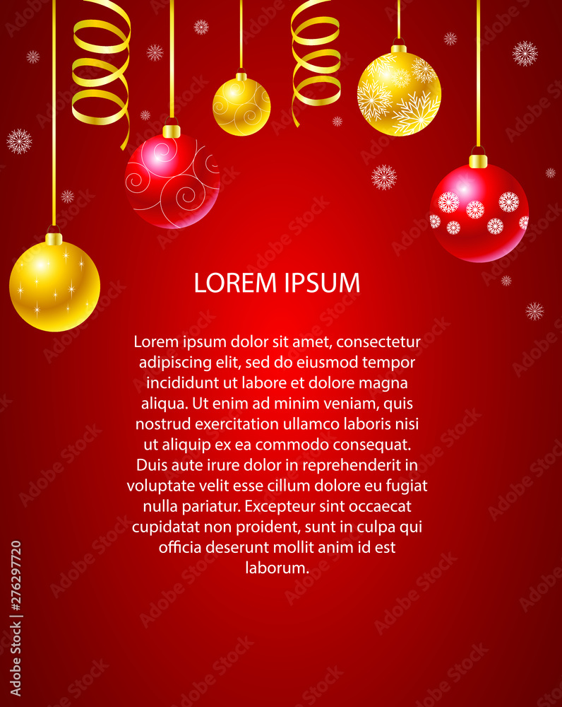 Beautiful Christmas card template with red background, Christmas balls and snowflakes. Merry Christmas and happy new year.