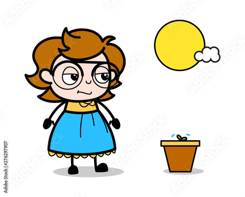 Watching a Plant - Teenager Cartoon Intelligent Girl Vector Illustration photo