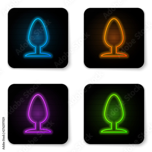 Glowing neon Anal plug icon isolated on white background. Butt plug sign. Fetish accessory. Sex toy for men and woman. Black square button. Vector Illustration