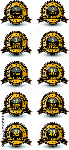 High quality year warranty golden and blackish badge, label, sign set with ribbon isolated on white background. 