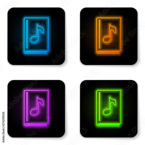 Glowing neon Audio book icon isolated on white background. Musical note with book. Audio guide sign. Online learning concept. Black square button. Vector Illustration