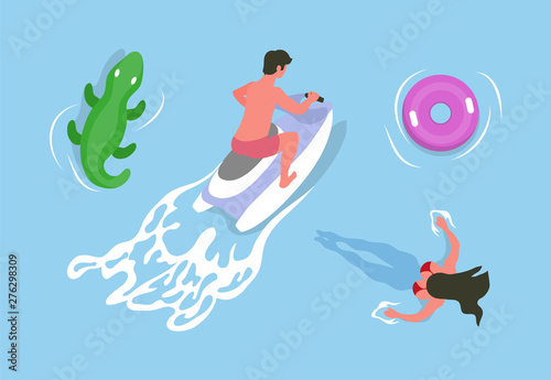 Man driving on water bike, swimming woman, rubber, inflatable circle and inflatable crocodile, female relaxing in sea or pool, summer activity vector