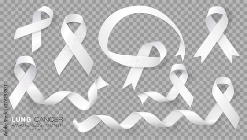 Lung Cancer Awareness Month. White Color Ribbon Isolated On Transparent Background. Vector Design Template For Poster.