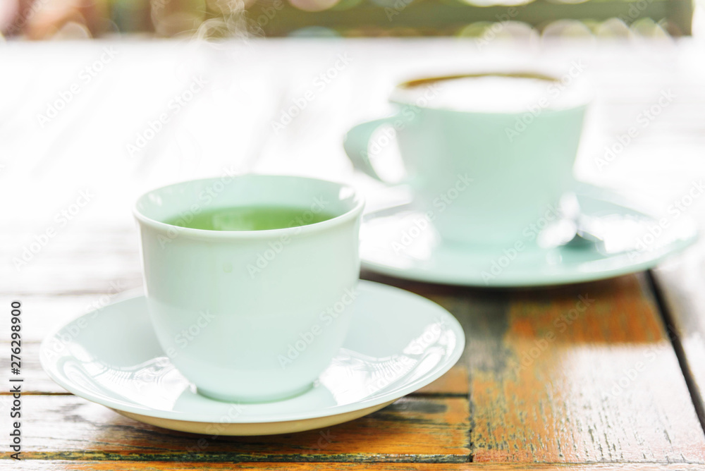 hot green tea on the table