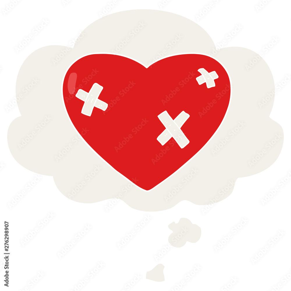 cartoon beaten up heart and thought bubble in retro style