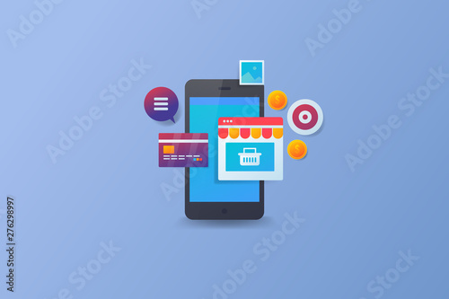Mobile ecommerce, digital marketing, online shopping cart, credit card showing on mobile phone screen with icons, vector banner illustration.