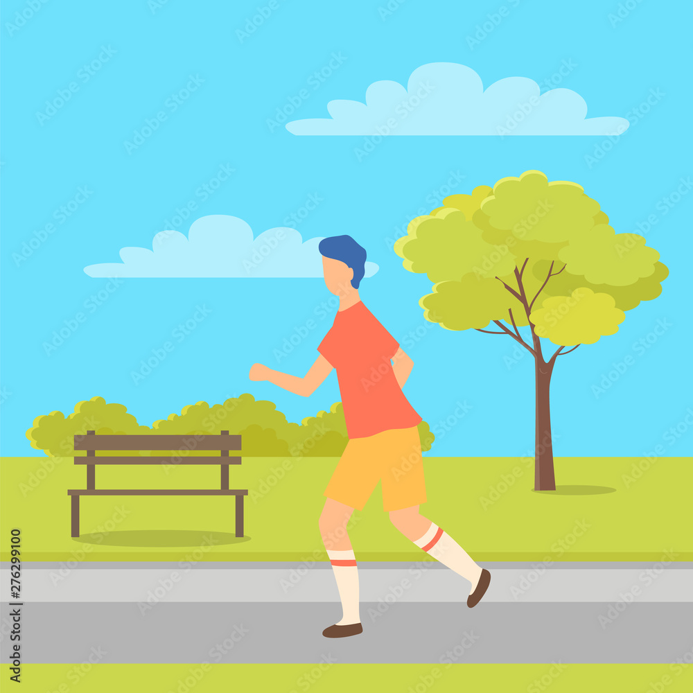 Sportive boy runner running in park with bench and tree, cartoon person side view. Vector person on walk, jogging guy jogger in sport cloth t-shirt and shorts