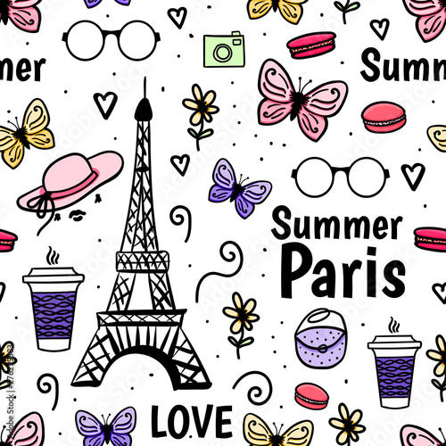 Seamless pattern Summer Paris with Eiffel Tower and butterfly. Vector hand drawn sketch isolated