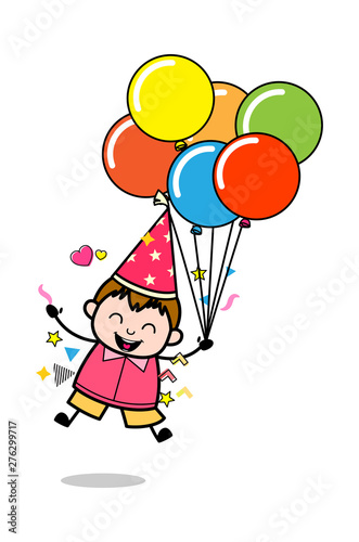 Holding Balloons and Jumping in Excitement - Teenager Cartoon Fat Boy Vector Illustration