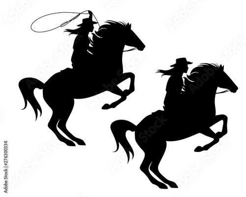 cowgirl riding a horse and throwing lasso - rearing up stallion and woman cowboy black vector silhouette design photo