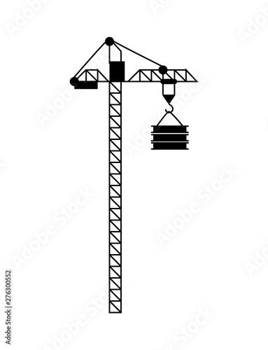 High lift construction with hook and load, crane in black color and flat design style, modern equipment for raising building objects, machine vector