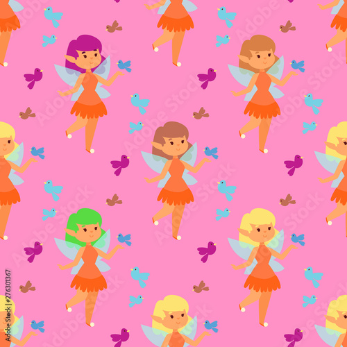 Fairies princess fairy girl vector character cute beautiful style cartoon little fairyland fashion costume magic fantasy dress fairytale crown kid seamless pattern background.