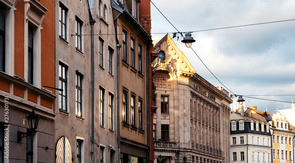 traditional architecture of the Baltic countries. View of the old town, retro toning, Riga, Latvia