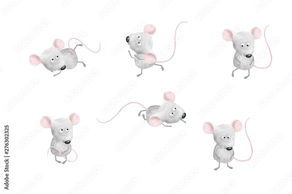 Cute little gray mouses poses, nice positive illustration, clip art, scrapbooking graphic white isolated