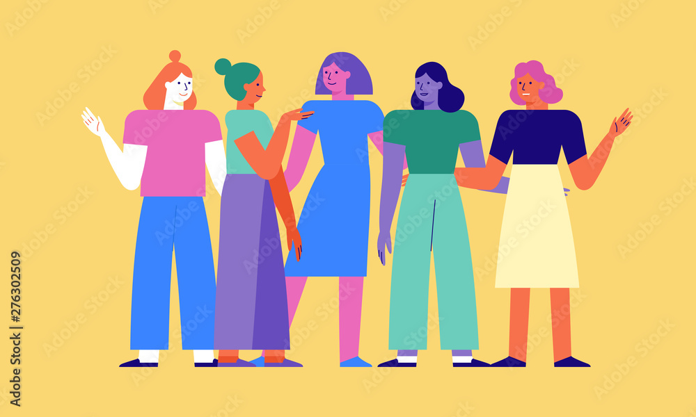 Vector illustration in flat linear style - women teamwork