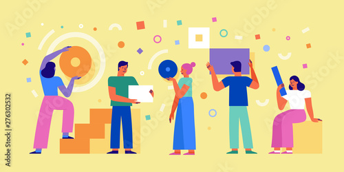 Vector illustration in simple flat style - teamwork and development concept - people holding  abstract geometric shapes