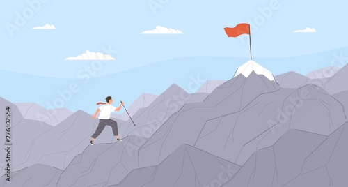 Man travelling through mountain ridge to final destination point. Office worker climbing up cliffs. Concept of business goal achievement, career journey. Flat cartoon colorful vector illustration.