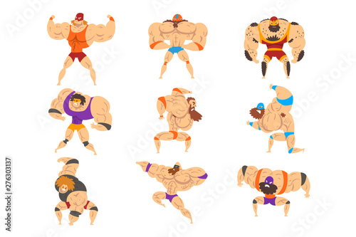 Powerful wrestling fighter characters set, professional wrestler of recreational sports show vector Illustrations on a white background
