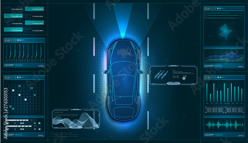 Hardware diagnostics condition of car, scanning, test, monitoring, analysis. Car service in the style of HUD. Virtual graphical interface GUI, UI, HUD Autoscanning, analysis and diagnostics. Vector