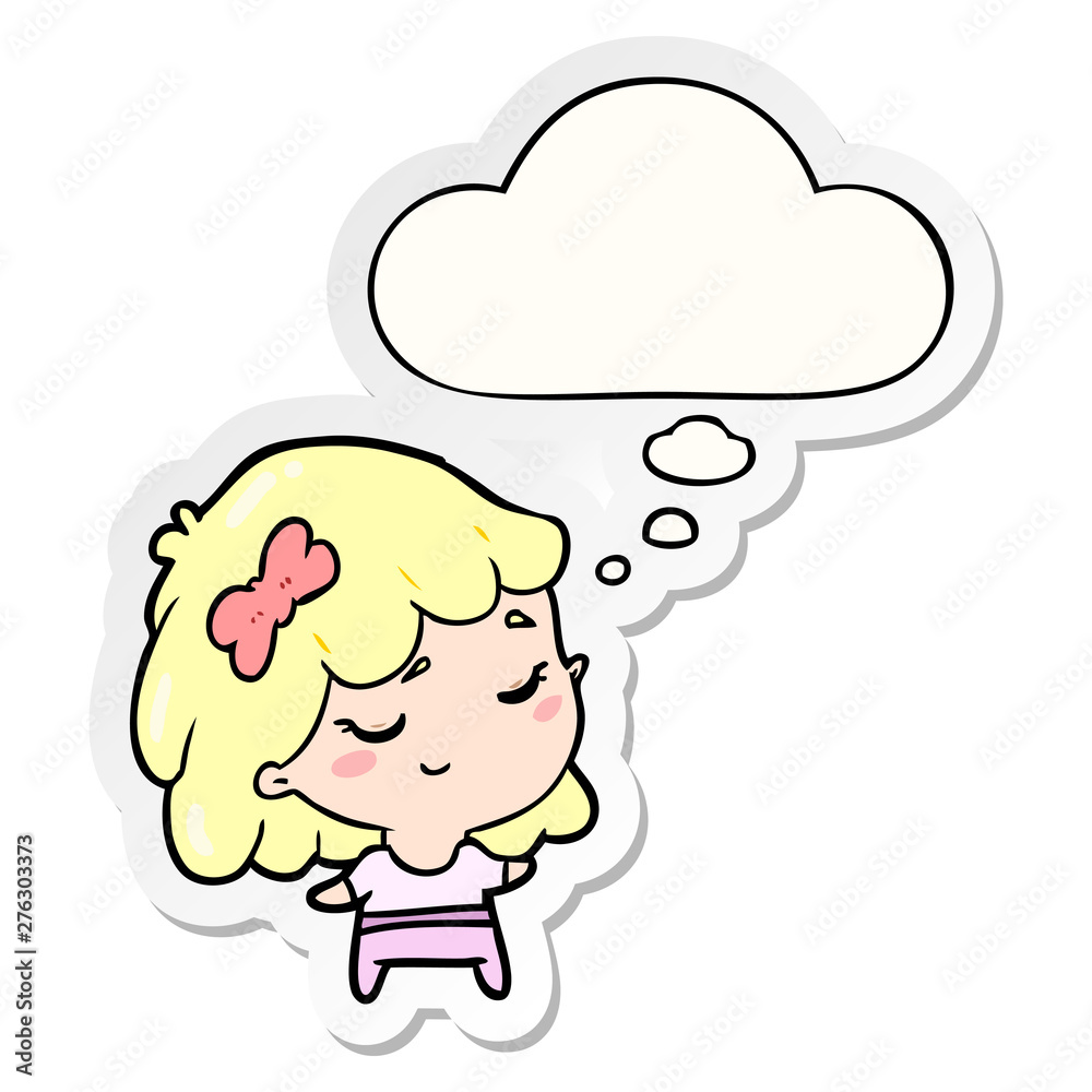 cartoon happy girl and thought bubble as a printed sticker cartoon happy girl and thought bubble as a printed sticker