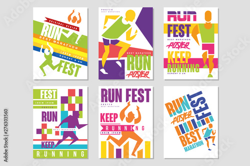 Run fest posters set, running marathon, sport and competition colorful design element for card, banner, print, badge vector Illustrations