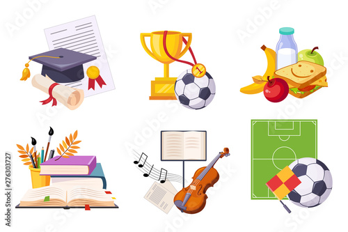 Flat vector set of icons presenting different school subjects. Art and music, sport, biology and chemistry. Tasty breakfast and alarm clock