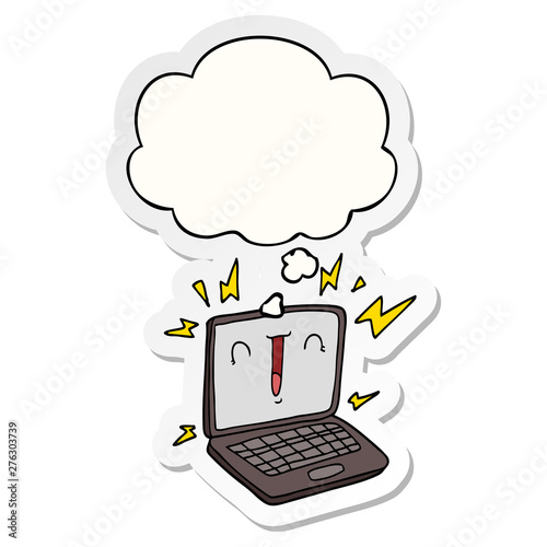 cartoon laptop computer and thought bubble as a printed sticker