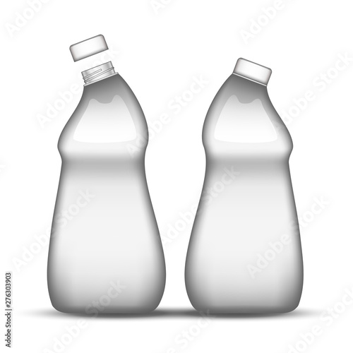 Blank Rinsing Machine Clean Plastic Bottle Vector. Closed And Opened Bottle For Rinse Aid Wash Plate Or Clothes Chemical Liquid. Concept Template Package For Rinser Substance Realistic 3d Illustration