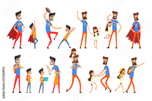 Super hero dad and his daughter set, super busy father doing many works vector Illustrations on a white background