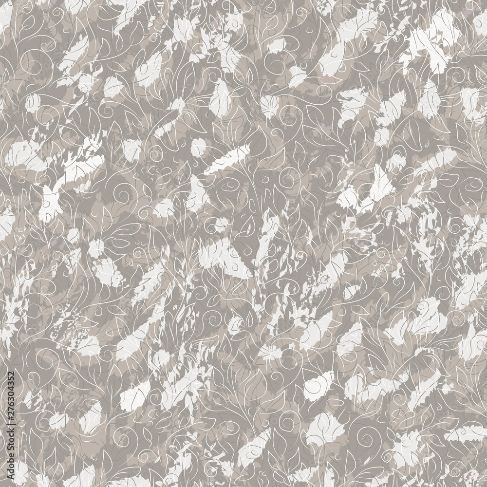 Fototapeta premium Modern ornate vector seamless pattern. Abstract gray spots and doodle contours of flowers and leaves on gray spotted background. Softness curved swirl template for design, textile, wrapping paper.