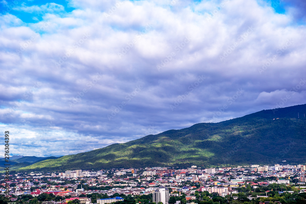CHIANG MAI , THAILAND- JUNE 28, 2019 : Chiang Mai, Thailand at Landscape high angle of Chiang Mai cityscape and Doi Suthep as a background