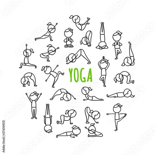 Yoga poses hand drawn illustrations. Vector round yoga concepts. Sport lifestyle outline symbols