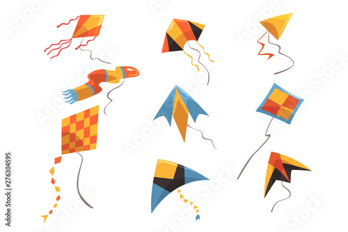 Flat vector set of bright-colored kites. Flying toys for children activities and play. Sky and wind, hobby and entertainment theme
