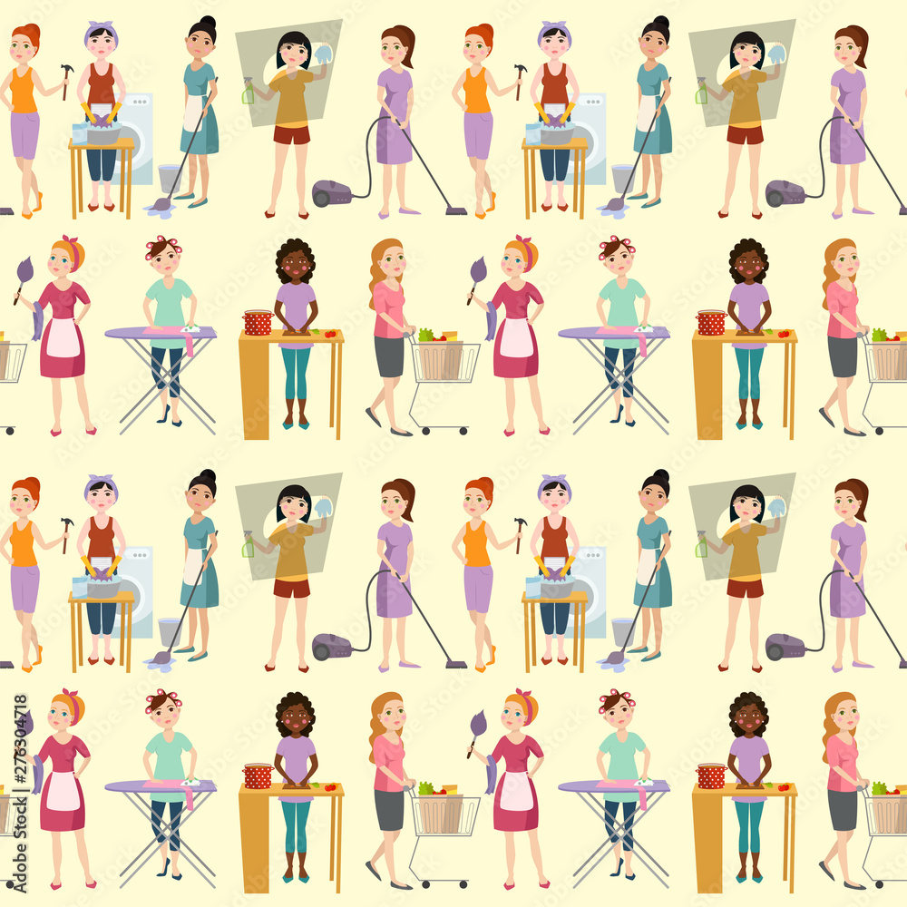 Housewifes homemaker woman cute cleaning cartoon girl seamless pattern background housewifery female wife character vector illustration.