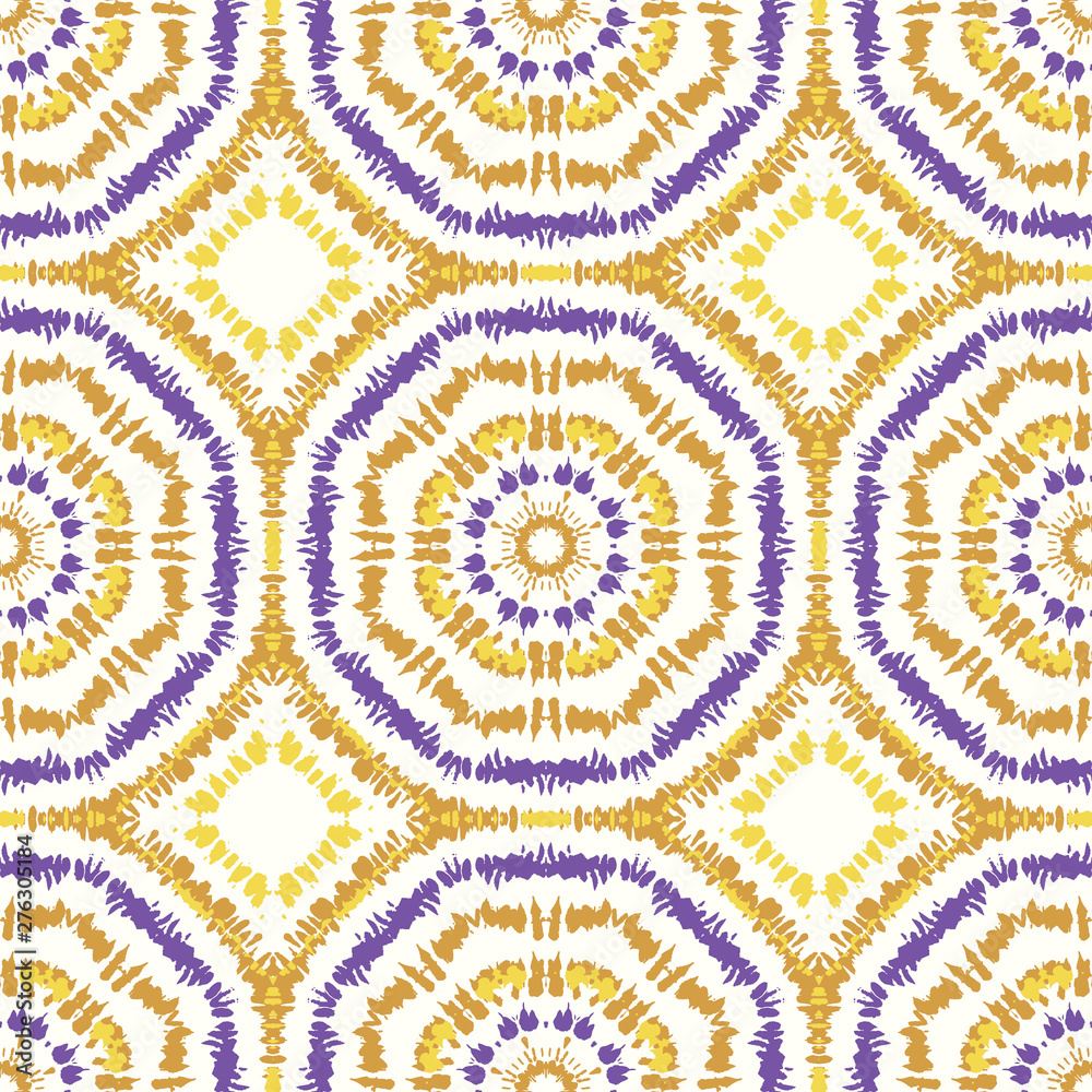 Bright Purple and Mustard Tie-Dye Shibori Sunburst Kaleidoscope Mirrored Hexagon Mandala Vector Seamless Pattern