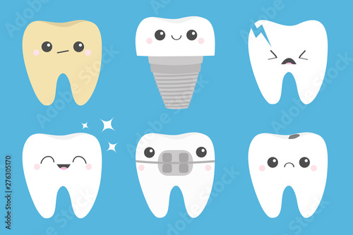 Teeth icon set. Cracked, broken, healthy yellow white ill tooth dental implant prosthesis, braces. Cute cartoon kawaii character. Shining star. Oral dental hygiene. Baby background. Flat design