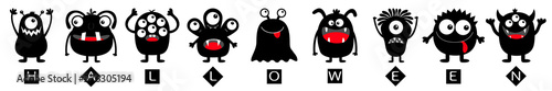 Happy Halloween text. Monster black round silhouette icon set line. Eyes, tongue, tooth fang, hands up. Cute cartoon kawaii funny scary baby character. White background. Flat design.