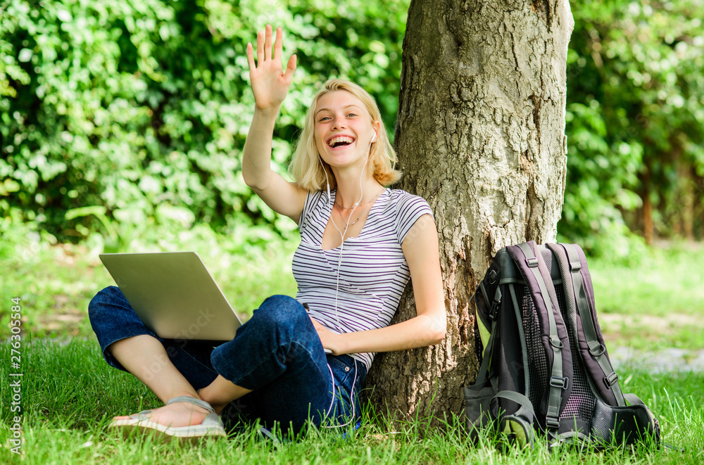 Girl work with laptop in park. Reasons why you should take your work outside. Woman student sit on grass while study. Nature essential wellbeing and ability be productive. Work in summer park Girl work with laptop in park. Reasons why you should take your work outside. Woman student sit on grass while study. Nature essential wellbeing and ability be productive. Work in summer park
